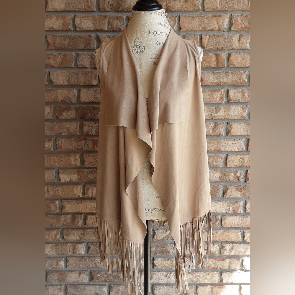 Decree Taupe Suede-Look Fringe Open Front Vest